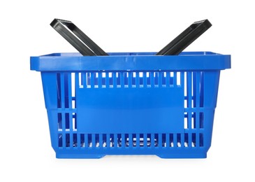 Photo of One blue shopping basket isolated on white