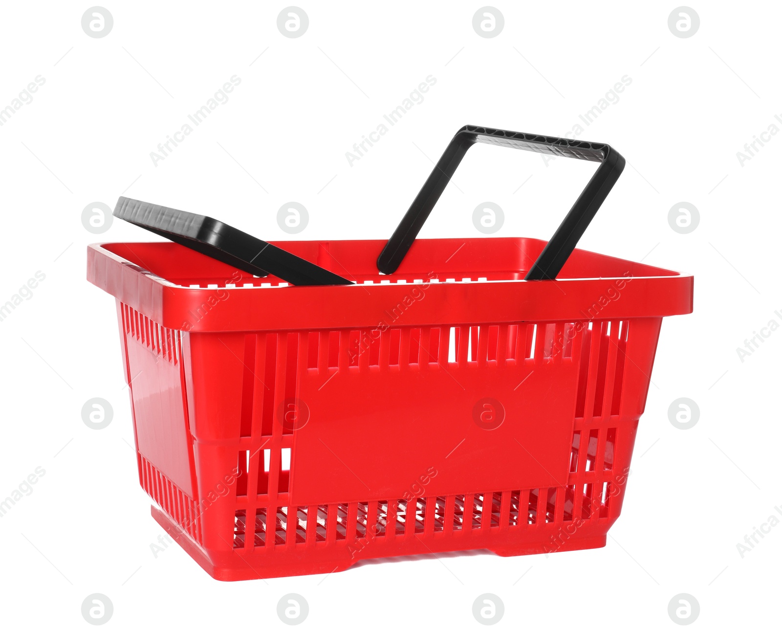 One red shopping basket isolated on white Photo of One red shopping basket isolated on white