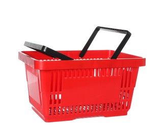 Photo of One red shopping basket isolated on white