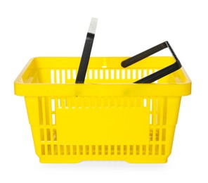 Photo of One yellow shopping basket isolated on white