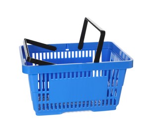 Photo of One blue shopping basket isolated on white