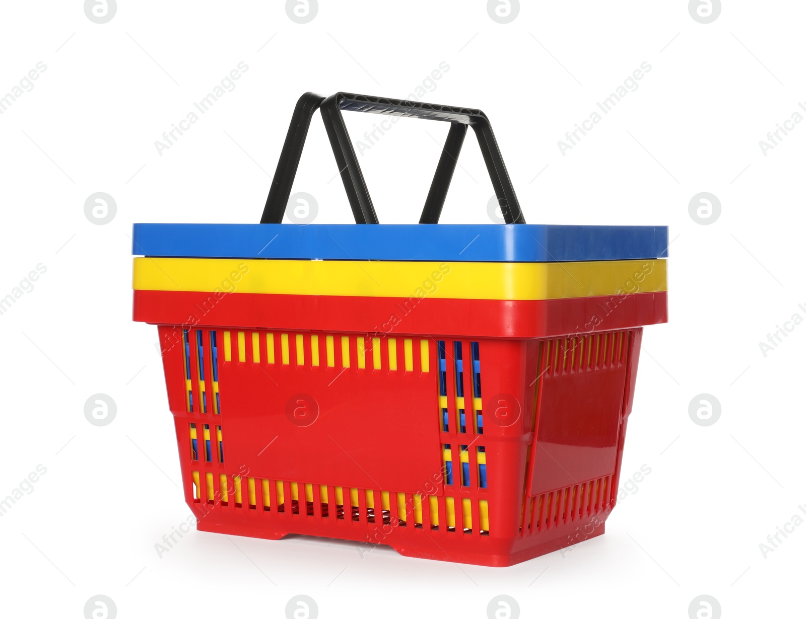 Stack of colorful shopping baskets isolated on white Photo of Stack of colorful shopping baskets isolated on white