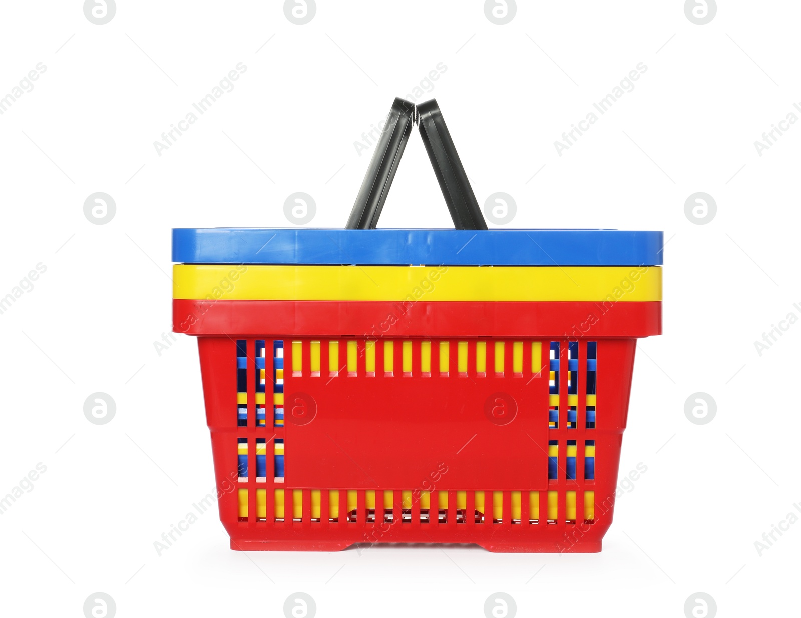 Stack of colorful shopping baskets isolated on white Photo of Stack of colorful shopping baskets isolated on white