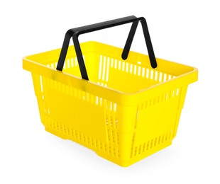 Photo of One yellow shopping basket isolated on white