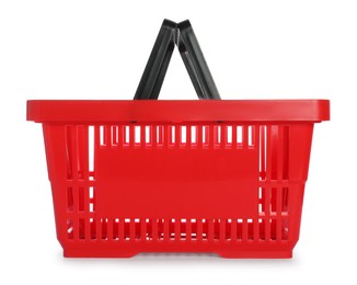 Photo of One red shopping basket isolated on white