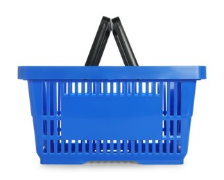 Photo of One blue shopping basket isolated on white