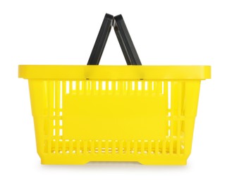 Photo of One yellow shopping basket isolated on white