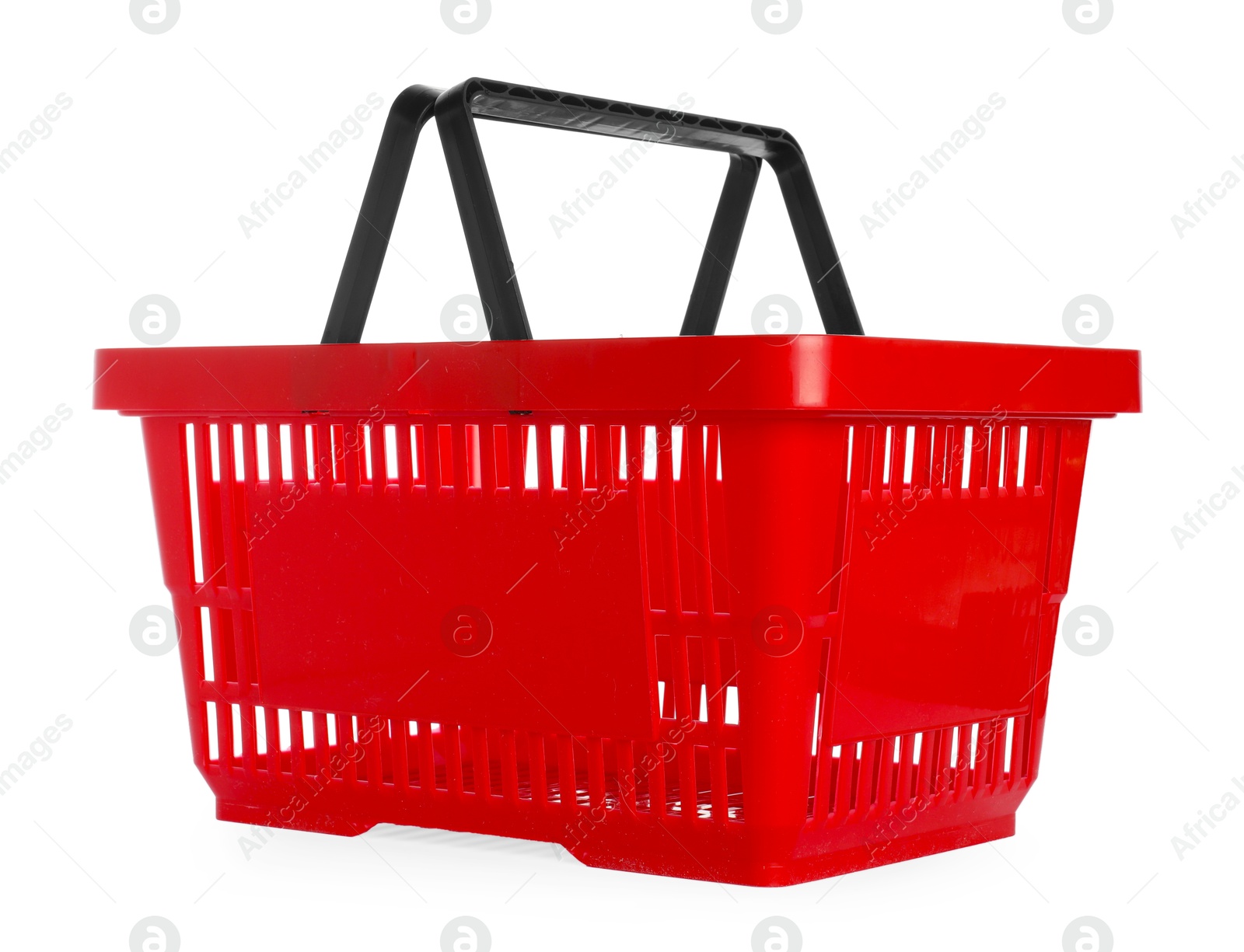 One red shopping basket isolated on white Photo of One red shopping basket isolated on white