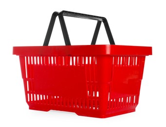 Photo of One red shopping basket isolated on white