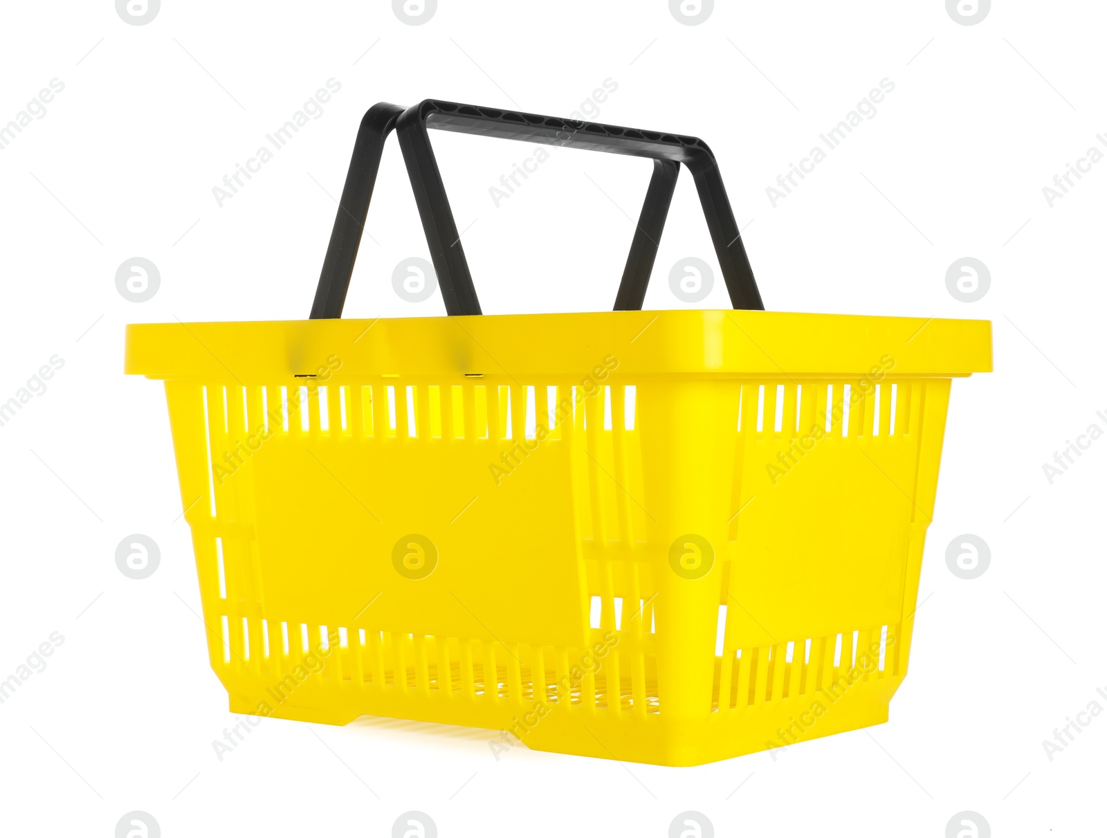 One yellow shopping basket isolated on white Photo of One yellow shopping basket isolated on white