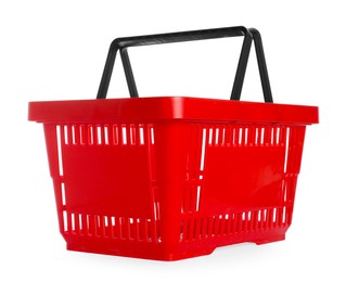 Photo of One red shopping basket isolated on white