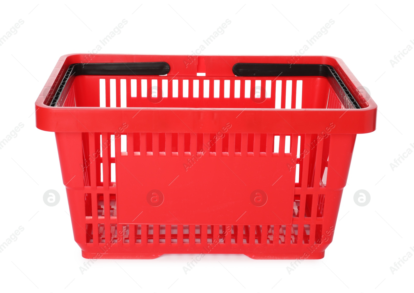 One red shopping basket isolated on white Photo of One red shopping basket isolated on white