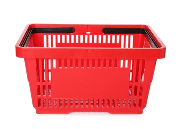 Photo of One red shopping basket isolated on white