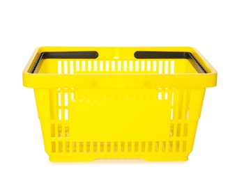 Photo of One yellow shopping basket isolated on white