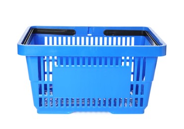 Photo of One blue shopping basket isolated on white
