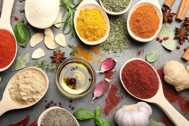 Photo of Different spices on grey table, flat lay