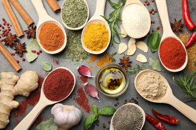 Photo of Different spices on grey table, flat lay
