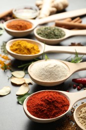 Photo of Many different spices in spoons on grey table, closeup