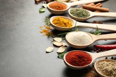 Photo of Many different spices in spoons on grey table, closeup. Space for text