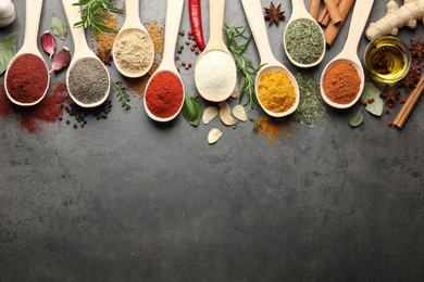 Photo of Many different spices in spoons on grey table, flat lay. Space for text