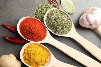 Photo of Many different spices in spoons on grey table, flat lay
