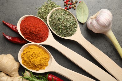Photo of Many different spices in spoons on grey table, flat lay