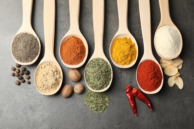Photo of Many different spices in spoons on grey table, flat lay