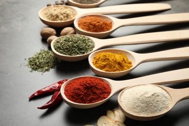 Photo of Many different spices in spoons on grey table, closeup
