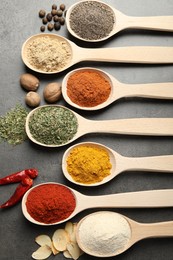 Photo of Many different spices in spoons on grey table, flat lay