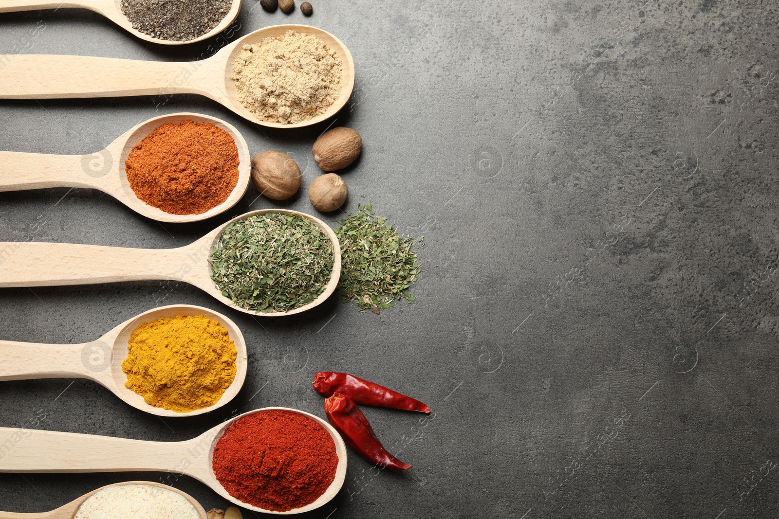 Many different spices in spoons on grey table, flat lay. Space for text Photo of Many different spices in spoons on grey table, flat lay. Space for text