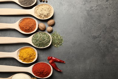 Photo of Many different spices in spoons on grey table, flat lay. Space for text