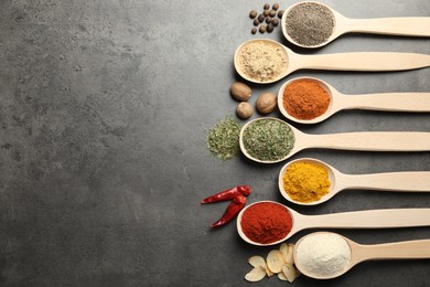 Photo of Many different spices in spoons on grey table, flat lay. Space for text