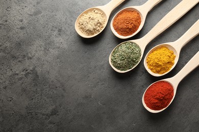 Photo of Many different spices in spoons on grey table, flat lay. Space for text