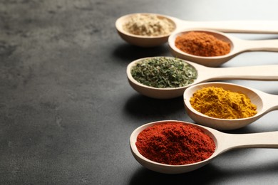 Photo of Many different spices in spoons on grey table, closeup. Space for text