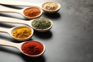 Photo of Many different spices in spoons on grey table, closeup. Space for text