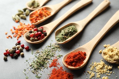 Photo of Many different spices in spoons on grey table, closeup