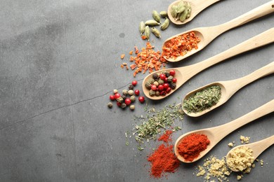 Photo of Many different spices in spoons on grey table, flat lay. Space for text