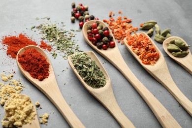 Photo of Many different spices in spoons on grey table, closeup