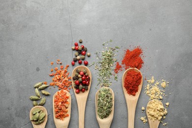 Photo of Many different spices in spoons on grey table, flat lay. Space for text
