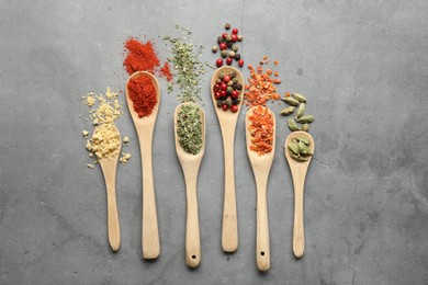 Photo of Many different spices in spoons on grey table, flat lay