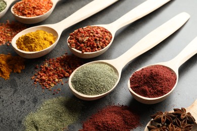 Photo of Many different spices in spoons on grey table, closeup