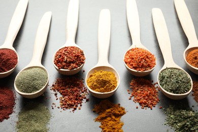 Photo of Many different spices in spoons on grey table, closeup