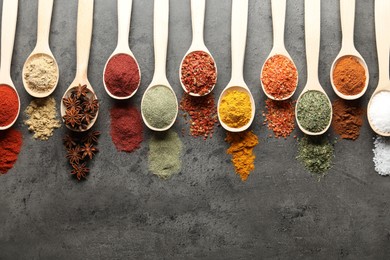 Photo of Many different spices in spoons on grey table, flat lay. Space for text