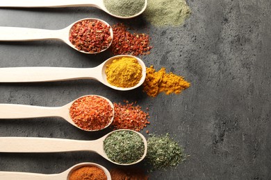 Photo of Many different spices in spoons on grey table, flat lay