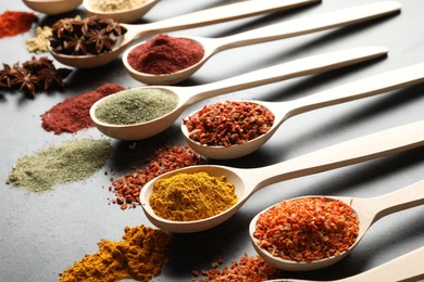 Photo of Many different spices in spoons on grey table, closeup