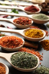 Photo of Many different spices in spoons on grey table, closeup