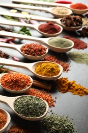 Photo of Many different spices in spoons on grey table, closeup