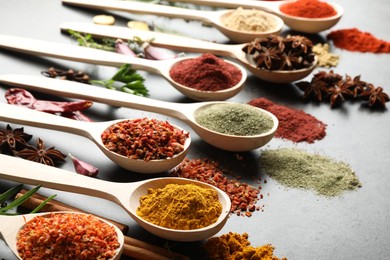 Photo of Many different spices in spoons on grey table, closeup