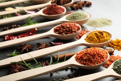 Photo of Many different spices in spoons on grey table, closeup