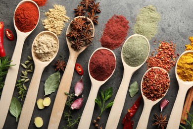 Photo of Many different spices in spoons on grey table, flat lay